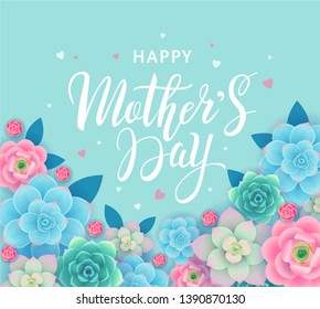 Mother's Day banner design concept with beautiful flowers and succulents and lettering on turquoise background. - Vector illustration