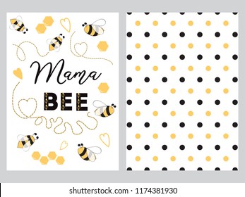 Mothers day banner design set with text Mama bee with cute hand drawn bee honey sweet heart Yellow black polka dot bee template background Love card sign poster logo label print Vector illustration