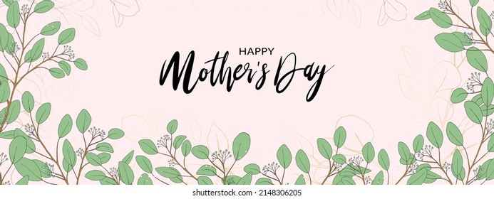 Mother's day banner with Eucalyptus branches leaves border on peach background, Vector illustration horizontal backdrop of greenery leaves and gold element frame, Flat design of beautiful botanical