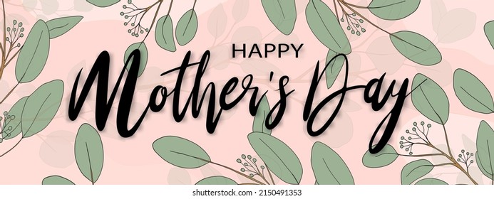 Mother's day banner with Eucalyptus branches leaves border on peach background, Vector illustration horizontal backdrop of greenery leaves, Flat design of beautiful botanical