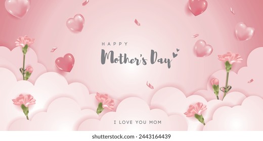 mother's day banner with heart balloons and carnations on cloud