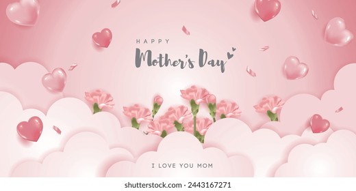 mother's day banner with heart balloons and carnations on cloud