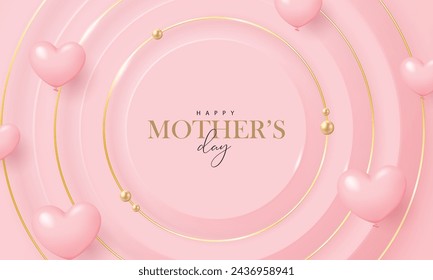 Banner del día de la madre con globos en forma de corazón sobre fondo rosa. 