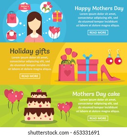 Mothers day banner horizontal concept set. Flat illustration of 3 mothers day vector banner horizontal concepts for web
