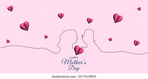 Mother's Day banner with linear silhouette of woman and child, 3d hearts on pink background. Vector illustration