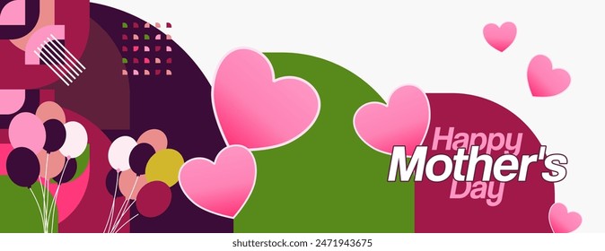 Mother's Day banner. Modern geometric abstract background in colorful style for world Mother's Day. Greeting card cover with text Happy Mother's Day