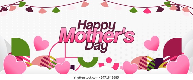 Mother's Day banner. Modern geometric abstract background in colorful style for world Mother's Day. Greeting card cover with text Happy Mother's Day