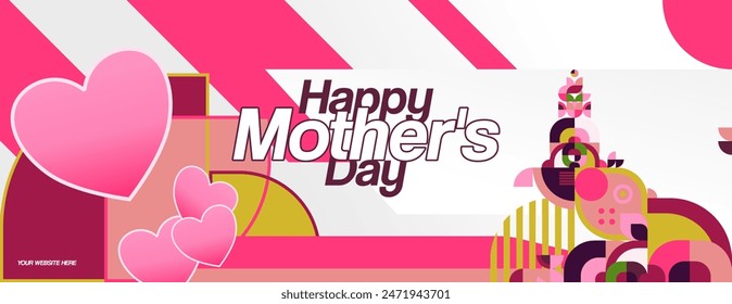 Mother's Day banner. Modern geometric abstract background in colorful style for world Mother's Day. Greeting card cover with text Happy Mother's Day