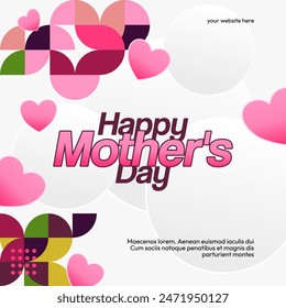 Mother's Day banner. Modern geometric abstract square background in colorful style for world Mother's Day. Greeting card cover with text Happy Mother's Day
