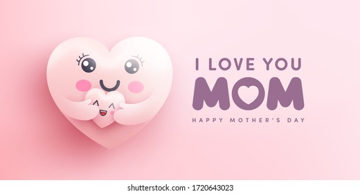 Mother's Day banner with Moter heart emoji hugging baby heart on pink background.Promotion and shopping template or background for Love and Mother's day concept.Vector illustration eps 10