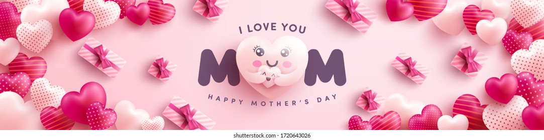 Mother's Day banner with Moter heart emoji hugging baby heart and gift box on pink background.Promotion and shopping template or background for Love and Mother's day concept.Vector illustration eps 10