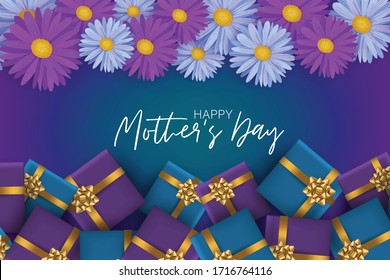 Mother's Day banner or poster. Blue and purple gift boxes and flowers. Mom holiday design concept. Realistic vector illustration.