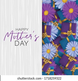 Mother's Day banner or poster. Blue and purple gift boxes and flowers on wooden board planks. Mom holiday design concept with lettering. Realistic vector illustration.