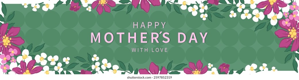 Mother's Day banner, poster, label, template or cover with flowers frame. Spring summer floral design. Vector illustration