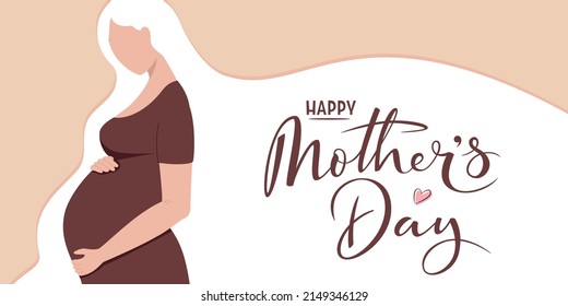 Mothers day banner with pregnant woman and hand drawn elegant brush lettering Happy Mother's Day. Young beautiful pregnant woman, side view silhouette. Pregnancy flat character with long hair 