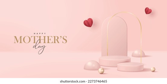 Mother's day banner for product demonstration. Pink pedestal or podium with pearls and hearts on pink background.