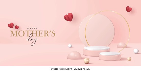 Mother's day banner for product demonstration. Pink pedestal or podium with pearls and flying hearts on pink background.