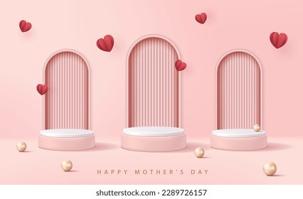 Mother's day banner for product demonstration. Pink pedestal or podium with pearls and flying hearts on pink background.