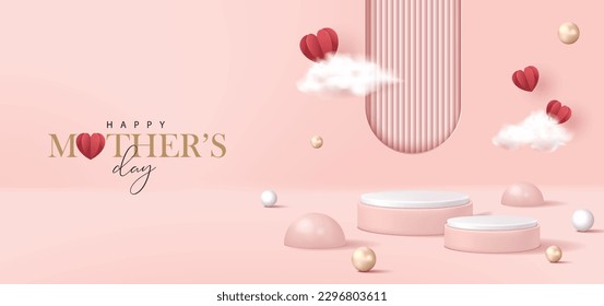 Mother's day banner for product demonstration. Pink pedestal or podium with pearls, cloud and flying hearts on abstract background.