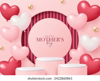 Mother's day banner for product demonstration. Pink pedestal or podium with heart-shaped balloons and pearls on pink background.