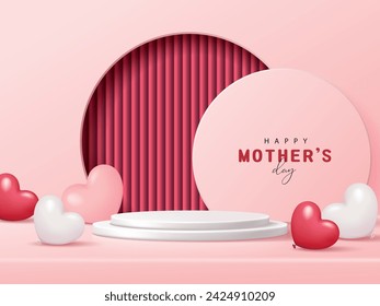 Mother's day banner for product demonstration. White pedestal or podium with heart-shaped balloons on pink background.