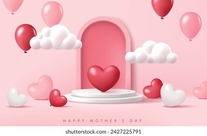 Mother's day banner for product demonstration. White pedestal or podium with heart-shaped balloons on pink background.