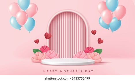 Mother's day banner for product demonstration. White pedestal or podium with flowers and balloons on pink background.