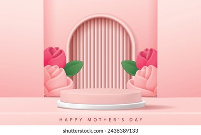 Mother's day banner for product demonstration. Pink pedestal or podium with flowers on pink background.