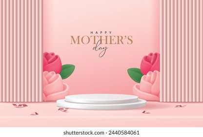 Mother's day banner for product demonstration. White pedestal or podium with flowers on pink background.