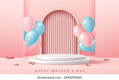 Mother's day banner for product demonstration. White pedestal or podium with balloons on pink background.