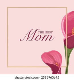 Mothers Day banner with red calla flowers and golden frame, elegant floral composition 