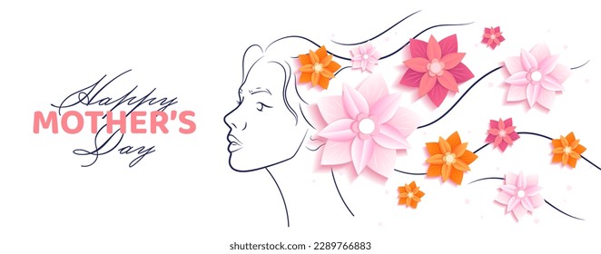Mothers day banner. Silhouette of beautiful female head with flowers. International holiday. Greeting card design. Love, good relationship in family. Best mom. Cartoon flat vector illustration