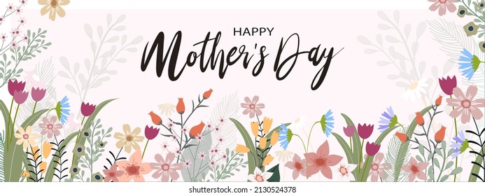 Mother's day banner with Spring flowers border on peach pastel background, Vector illustration horizontal backdrop of cute blooming flora frame, Flat design of Beautiflu botanical
