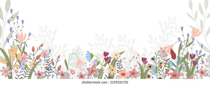 Mother's day banner with Spring flowers border on white background, Vector illustration horizontal backdrop of blooming flora frame,Beautiflu botanical for greeting cad or Wedding invitation