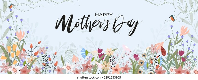 Mother's day banner Spring flowers border with birds on climbing plant on blue pastel background,Vector illustration horizontal card or backdrop of cute blooming flora frame design of Beautiful botany