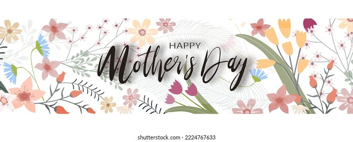 Mother's day banner with Spring flowers border on White background, Vector illustration Horizontal Backdrop of Happy mother word on Cute Blooming Flora Frame, Flat design of beautiful Botanical