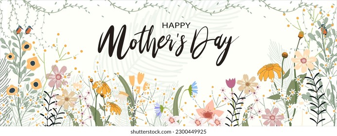 Mother's day banner with Spring flowers border on green mint pastel background, Vector illustration horizontal backdrop of cute blooming flora frame, Flat design of beautiful botanical