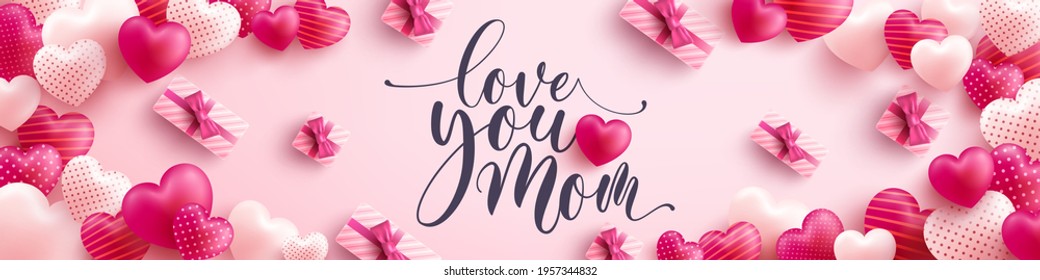 Mother's Day banner with sweet hearts and cute gift box on pink background.Promotion and shopping template or background for Love and Mother's day concept.Vector illustration eps 10