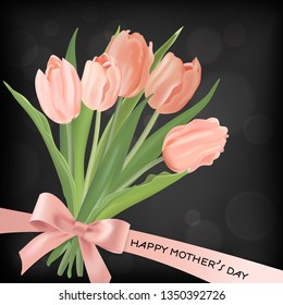 Mothers Day Banner Template with Tulips Flowers Bouquet. Mother Day Holiday Floral Greeting Card for Flyer, Brochure, Sale Spring Discount Template. Vector illustration