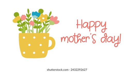 Mother's day banner vector illustration with flowers in cup. Isolated hand drawn flat design element.