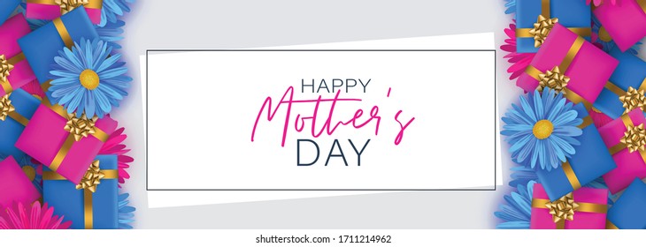 Mother's Day banner or website header. Blue and pink gift boxes and flowers. Celebration holiday concept. Realistic vector illustration.