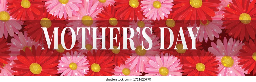 Mother's Day banner or website header. Red and pink flowers. Celebration holiday concept. Realistic vector illustration.