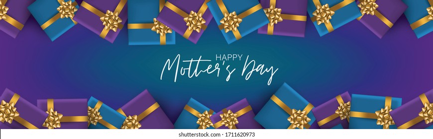 Mother's Day banner or website header. Blue and purple gift boxes. Celebration holiday concept. Realistic vector illustration.