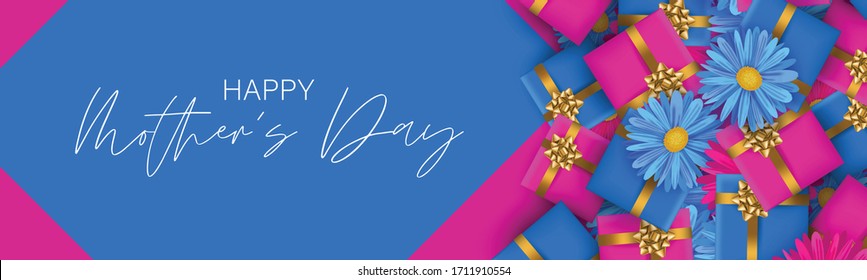 Mother's Day banner or website header. Blue and pink gift boxes and flowers. Celebration holiday concept. Realistic vector illustration.