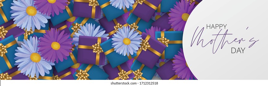 Mother's Day banner or website header. Blue and purple gift boxes and flowers. Celebration holiday concept. Realistic vector illustration.