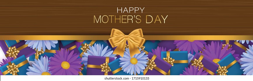 Mother's Day banner or website header. Blue and purple gift boxes and flowers on wooden board planks. Mom holiday design concept with lettering. Realistic vector illustration.