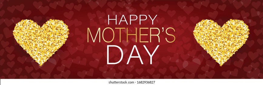 Mothers Day banner, website or newsletter header. Golden glitter hearts on red background. Vector illustration.