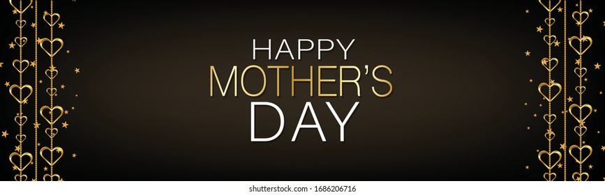 Mothers Day banner, website or newsletter header. Golden hearts garland on black background. Vector illustration.