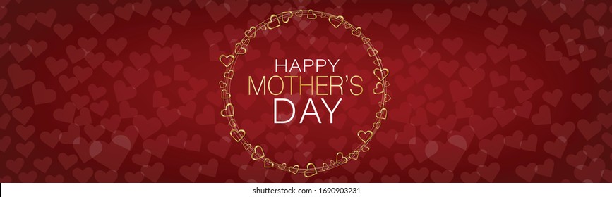 Mothers Day banner, website or newsletter header. Golden hearts circular garland on red background. Vector illustration.