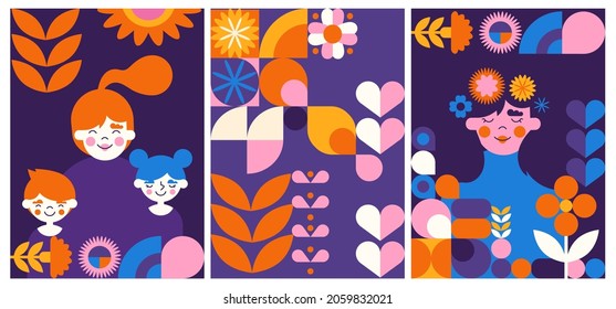 Mothers day banners. Collection of images for congratulations. Postcards, posters, wallpapers. Abstract images, unusual patterns. Cartoon flat vector illustration isolated on white background